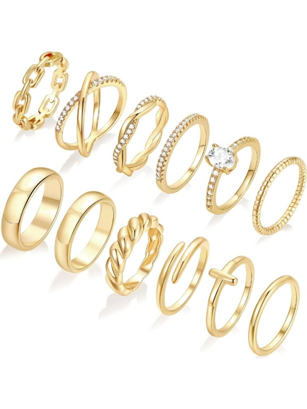 12 PCS Dainty Gold Stacking Rings for Women, Twist Criss Cross Design, Size 5-11